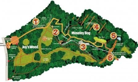 Map of Moseley Bog with sites of historical interest marked